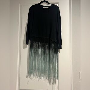 Elegant Black and Green Fringe Sweater